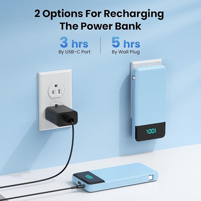 Portable Charger for iPhone with Built in Cables and Wall Plug,Upgraded 13800mAh Fast Charging USB C Power Bank,4 Outputs Travel Essential Battery Pack Compatible with iPhone 17/16/15/14,-Light Blue
