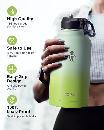 Half Gallon Water Bottle Insulated with Straw & 3 Lids, Coolflask 64 oz Water Jug Large Metal Stainless Steel Wide Mouth for Sports, Gym or Office, Non-BPA Keep Cold 48H Hot 24H, Ombre Green