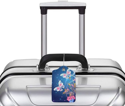2 Pcs Beautiful Blue Luggage Tags with Two Butterflies for Women Girls Travel, Flower PU Leather Bag Tags for Suitcases with Stainless Steel Loop & Privacy Name ID Card, Labels Identifiers