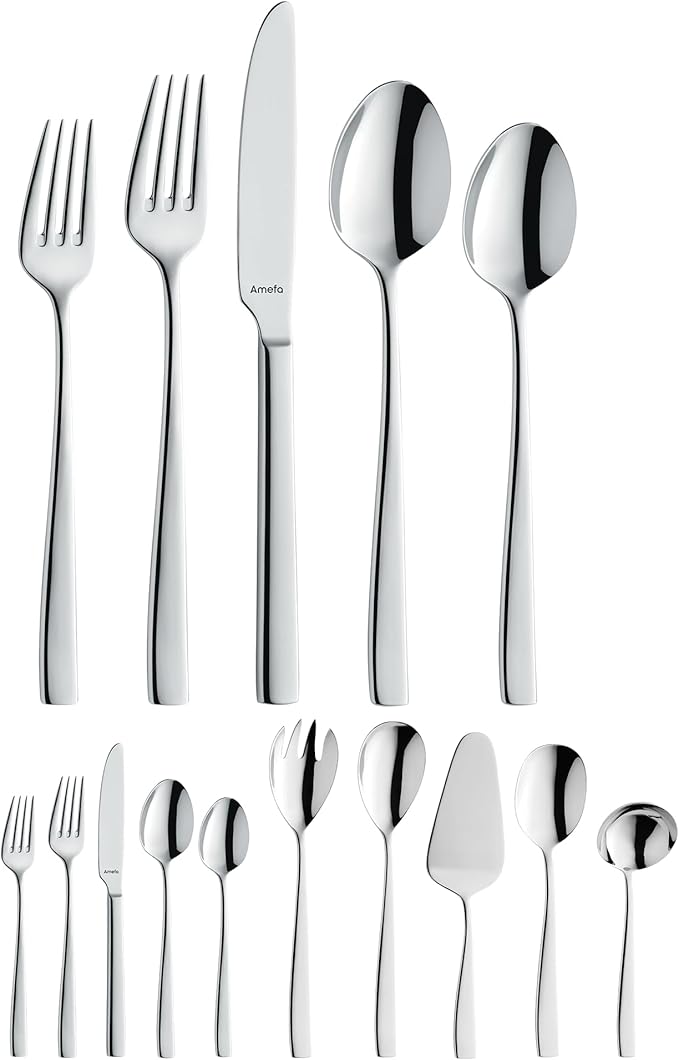 Amefa Martin 45-Piece Flatware, Set for 8 – Stainless Steel Silverware with Polished Mirror Finish, Ergonomic Handles, Rust-Resistant Cutlery Featuring Forks, Knives, Spoons, Salad Forks & Teaspoons