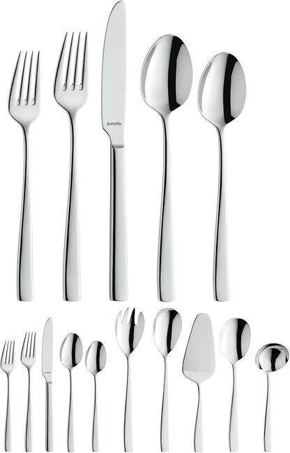 Amefa Martin 45-Piece Flatware, Set for 8 – Stainless Steel Silverware with Polished Mirror Finish, Ergonomic Handles, Rust-Resistant Cutlery Featuring Forks, Knives, Spoons, Salad Forks & Teaspoons