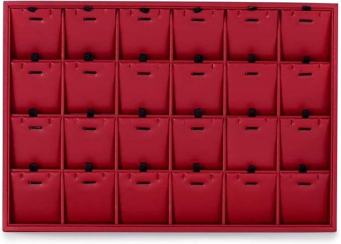 Oirlv Gorgeous Red Leather 24 Grid Jewelry Tray with Removable Inserts Jewelry Cards Stackable Necklace Trays Necklace Drawer Organizer