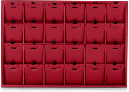 Oirlv Gorgeous Red Leather 24 Grid Jewelry Tray with Removable Inserts Jewelry Cards Stackable Necklace Trays Necklace Drawer Organizer