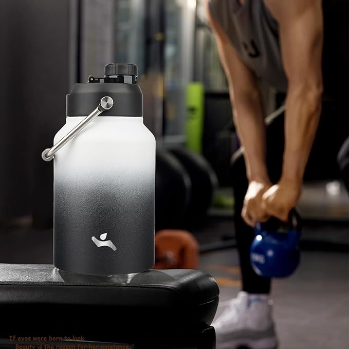 Half Gallon Jug with Handle,64 oz Insulated Water Bottle with Carrying Pouch,Double Wall Vacuum Stainless Steel Metal Bottle,Day Night