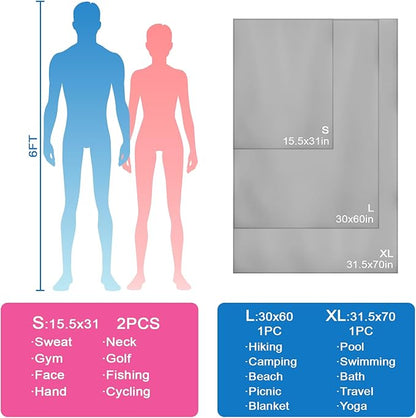 Travel Body Towel L Size Microfiber Quick Dry Lightweight for Men Women Camping Hiking Beach Swimming Pool Towels(Light Grey, 1 Pack L)