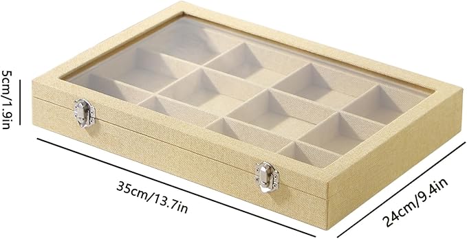 Coward Jewelry Organizer Box, Yellow Linen 12 Grids Bracelet Bangle Necklace Jewelry Display Tray Case with Transparent Glass Lid for Home Drawer Desk or Store Selling Show