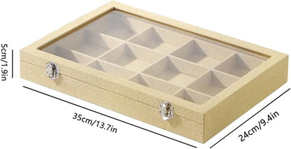 Coward Jewelry Organizer Box, Yellow Linen 12 Grids Bracelet Bangle Necklace Jewelry Display Tray Case with Transparent Glass Lid for Home Drawer Desk or Store Selling Show