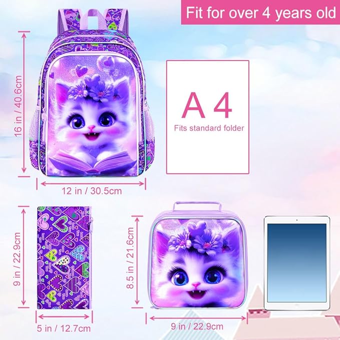 WZLVO 3PCS Kids Cat Bookbag Set, 16" Glittery UV Printing Girls Backpack/School Bag with Lunch Box & Pencil Bag for Preschool to Elementary - Reading Cat Purple