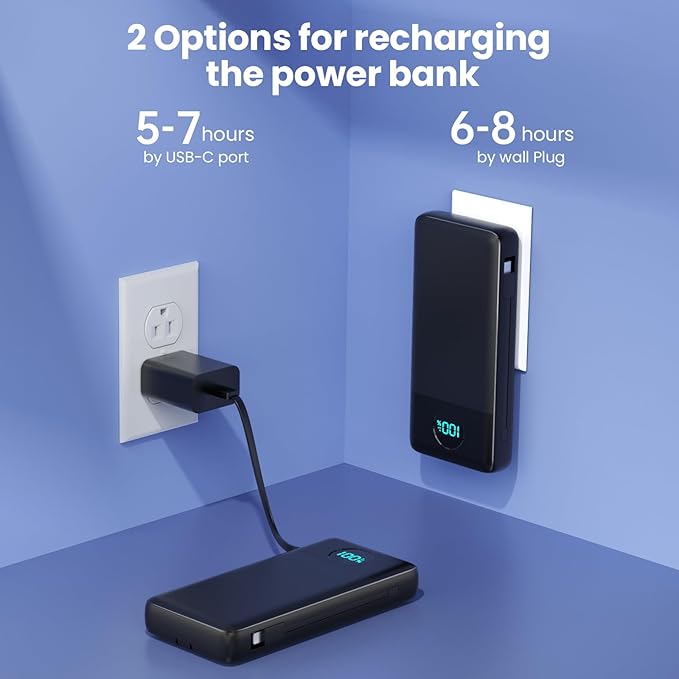 Portable Charger 33800mAh USB C Power Bank with Built-in Cables & AC Wall Plug,25W Fast Charging+QC 4.0 Phone Charger,4 Output Travel Essentials Battery Pack for iPhone16/15/14/13,Samsung,Android etc