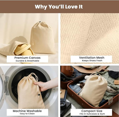 LFH Cotton Shoe Storage Bags with Drawstring, Dustproof Breathable Reusable Organizer, Perfect For Travel, Dorm, Hotel, College, Gym, Easy to Carry, 8"x17" (Pack of 2) - Natural Thanks Giving