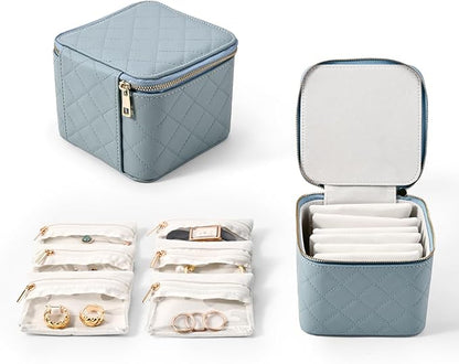 Travel Jewelry Box Organizer - Small Jewelry Case with 6 Small Velvet Zipped Pouches Pockets for Jewelry Necklaces Rings Earrings Storage(Blue)