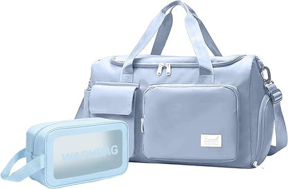 Gym Bag for Women Men, Travel Duffle Bag Large Capacity Carry On Weekender Bag With Shoe Compartment Gym Tote Dry Wet Separation Duffel Bag with Makeup Bag, Blue