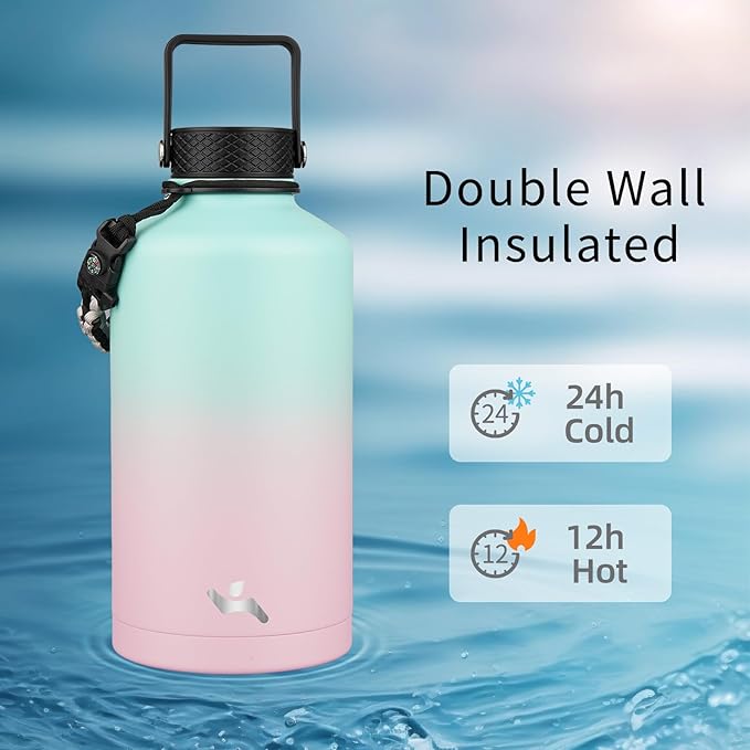 Insulated Water Bottle with Straw,87 oz 3 Lids Water Jug with Carrying Bag,Paracord Handle,Double Wall Vacuum Stainless Steel Metal Flask,Gum