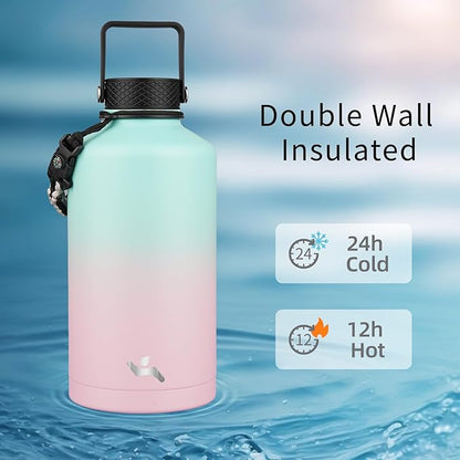 Insulated Water Bottle with Straw,87 oz 3 Lids Water Jug with Carrying Bag,Paracord Handle,Double Wall Vacuum Stainless Steel Metal Flask,Gum