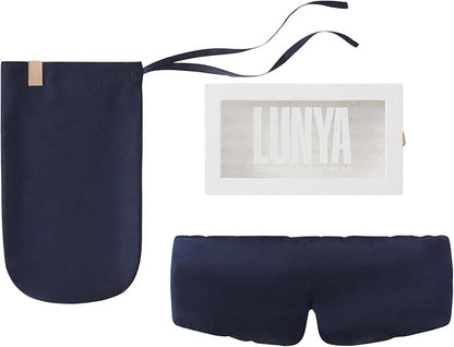 Lunya Weighted Silk Sleep Mask – Mulberry Silk Eye Cover with Cooling Glass Beads, Noise-Reducing Fit, Washable Fabric, and Travel Pouch – Sleeping Mask for Men and Women - Deep Blue – Large