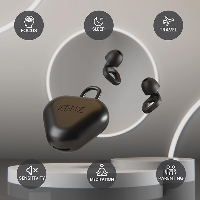 Zenz Unwind Ear Plugs for Sleeping Noise Reduction - Comfy Reusable Soft Silicone Earplugs for Focus, Study, Work - 8 Pair Eartips in XS/S/M/L - 27dB Hearing Protection with Storage Case - Onyx Black