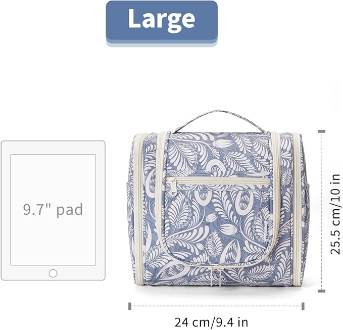 Narwey Hanging Toiletry Bag for Women Travel Makeup Bag Organizer Toiletries Bag Men for Cosmetics Essentials Accessories(Large, Blue Leaf)
