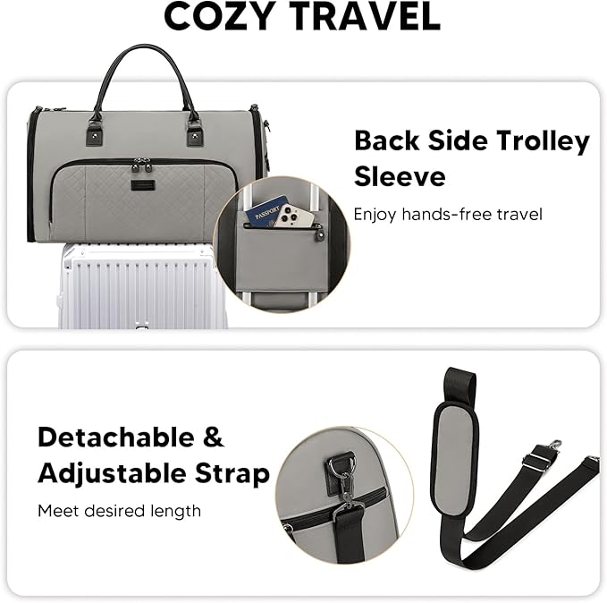 Garment Bag for Airplane Travel, Carry On Garment Duffle Bags for Women, 2 in 1 Travel Suit Bag with Shoes Compartment Carry on Bag Hanging Garment Bag Travel with Shoulder Strap,Grey