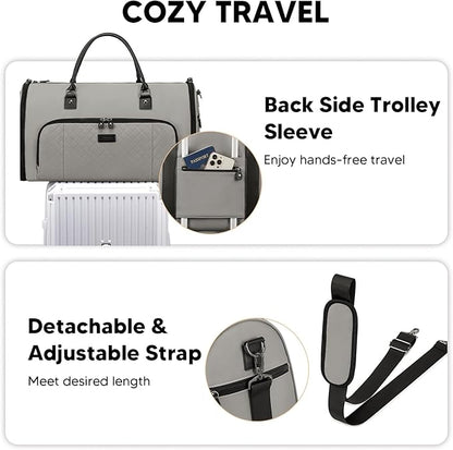 Garment Bag for Airplane Travel, Carry On Garment Duffle Bags for Women, 2 in 1 Travel Suit Bag with Shoes Compartment Carry on Bag Hanging Garment Bag Travel with Shoulder Strap,Grey