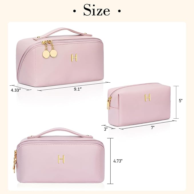 Birthday Gifts for Women Teen Girl, Personalized Initial Makeup Organizer Bag Set, Open Flat Travel Cosmetic Bag With Clear Divider and Handle(Pink,H)