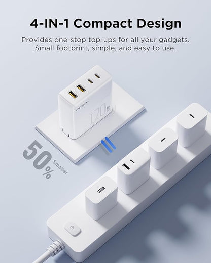 PISEN 120W USB C Charger - 120W 4-Port GaN USB C Charger Block Fast Charging with 6FT USB-C to C Cable, 120W Charger for MacBook Pro/Air, Pixelbook, iPad, iPhone Series, Samsung, Pixel 8, Steam Deck