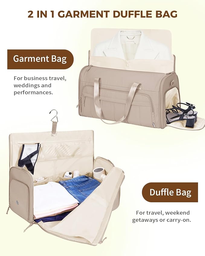 WANDF Convertible Garment Bags for Travel with Wet Pocket Carry on Garment Duffle Bag 2 in 1 Puffy Hanging Clothes Travel Bags with Shoe Compartment for Airplanes Business Weekend Gym Wedding (Khaki)