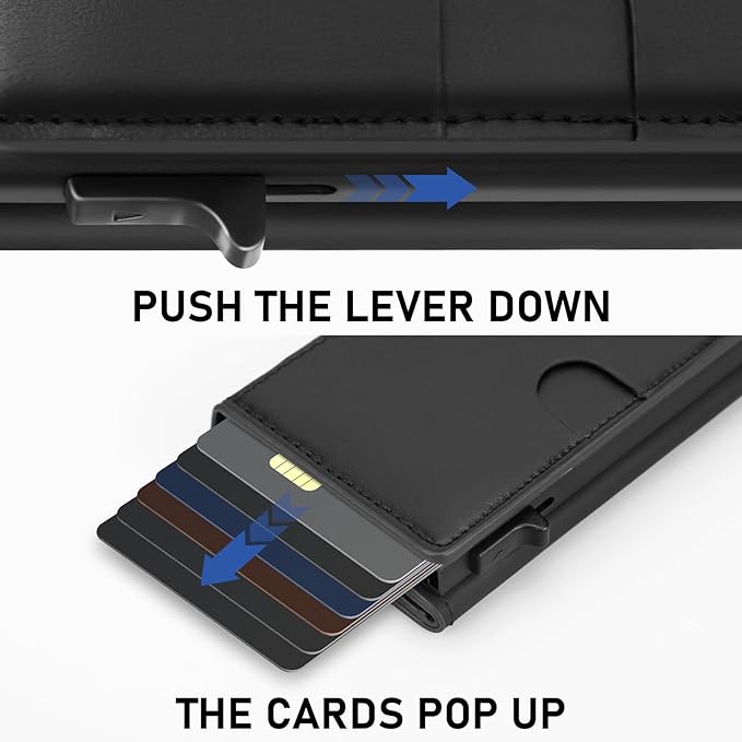 Business Card Holder Leather Wallets for Men Rfid Blocking Wallet Front Pocket Pop Up Aluminum Case Black Card Cases with 1 ID Window