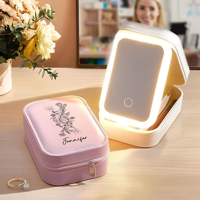 callie Personalized DNA BirthFlower Jewelry Box with Mirror & LED 3 Adjustable Light, Custom Name - Travel Makeup Organizer Box, Gift for Women Doctor Medical Staff