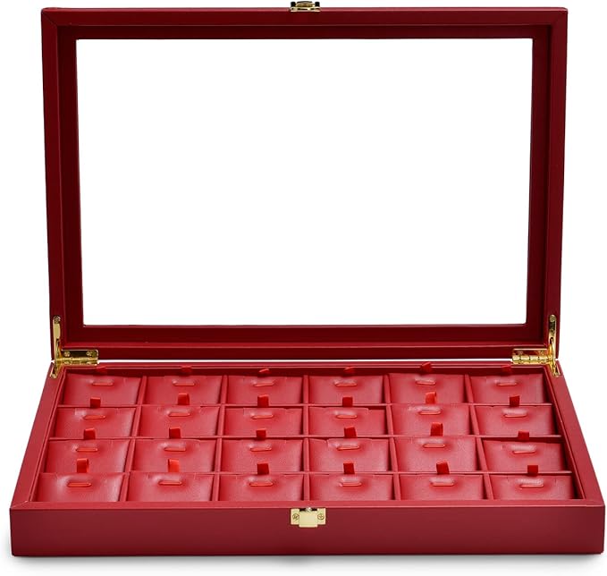 Oirlv Luxury Leather Necklace Tray with 24 Grid Removable Jewelry Cards Jewelry Organizer Box with Transparent Acrylic Lid Necklace Pendant Display Case