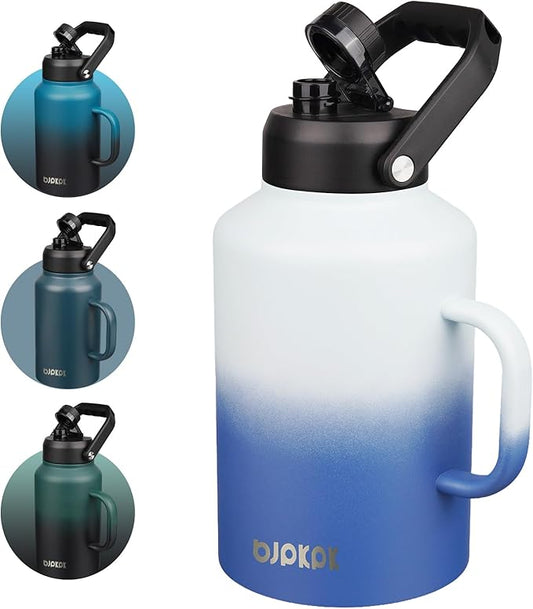 BJPKPK 1 Gallon Water Bottle with Handle, Large Dishwasher Safe 128oz Insulated Water Bottle, BPA Free Water Jug, Wide Mouth Metal Flasks with Anti-slip Bottom, Keep Cold & Hot,Sky