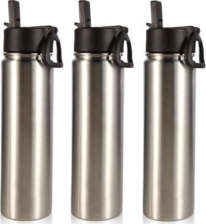 Volhoply 24oz Insulated Water Bottle With Straw Bulk 3 Pack,Metal Wide Mouth Water Bottles With Handle Lid Keep Cold,Reusable Double Wall Cups,Powder Coated Sport Bottle For Holder(Silver,3 Count)