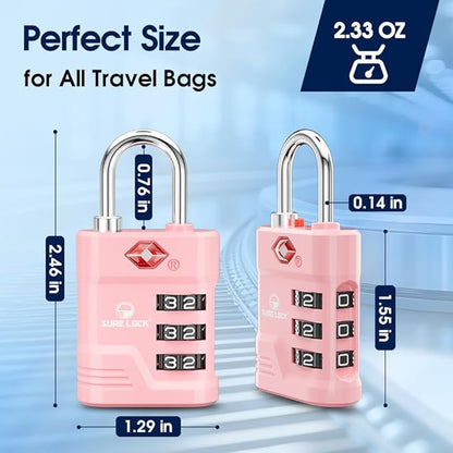 SURE LOCK TSA Locks for Luggage, TSA Approved Luggage Locks with Open Alert, 008 Key for High Security, Easy Read Dials, Zinc Alloy Body, Locker Lock for Suitcase, Gym, Travel.(Pink 4 pk)