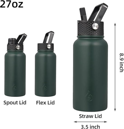 BJPKPK Insulated Water Bottles with Straw Lid, 27oz Stainless Steel Water Bottle with 3 Lids, Leak Proof BPA Free Metal Thermo, Mugs, Tumblers, Keep Cold Hot -Army Green