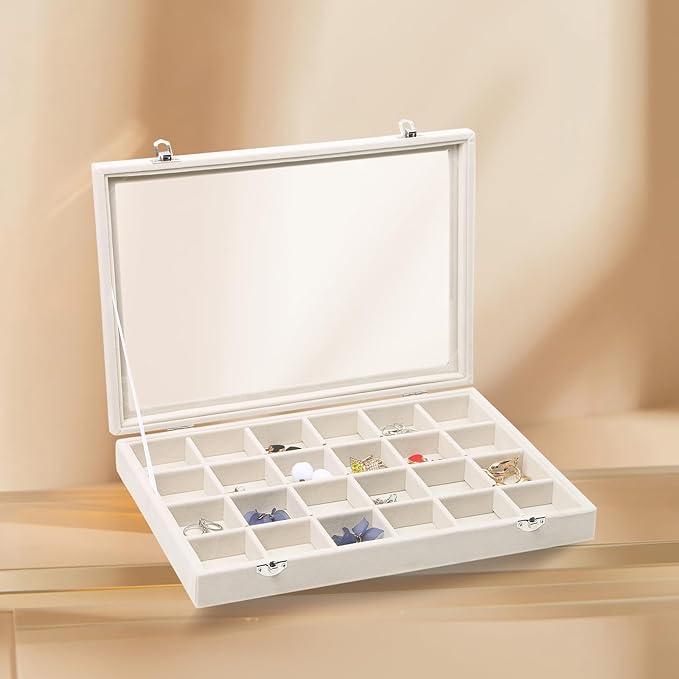 Stratalife Jewelry Organizer Jewelry Tray with Lid See-through Display Showcase Large Earring Organizer Velvet Storage Box for Earring Necklace Rings Dice Beige (24 Grids)