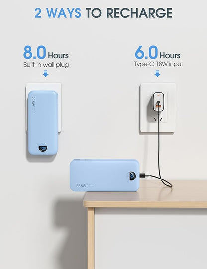 Portable Charger Power Bank, 20000mAh 22.5W USB C Fast Charging with Built-in Cables & Wall Plug, External Battery Pack with LED Display, Travel Essentials for iPhone, iPad, Samsung Blue