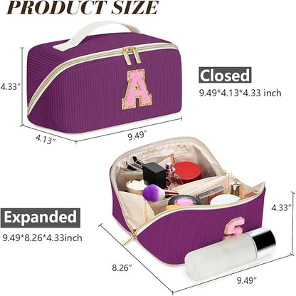 Personalized Initial Makeup Bag,Christmas Gifts for Girl,Preppy Bag Cosmetic Travel Bag Women,Travel Toiletry Organizer,Large Capacity Corduroy Stuff Bag,Cute Cosmetic Pouch Skincare Bag-V