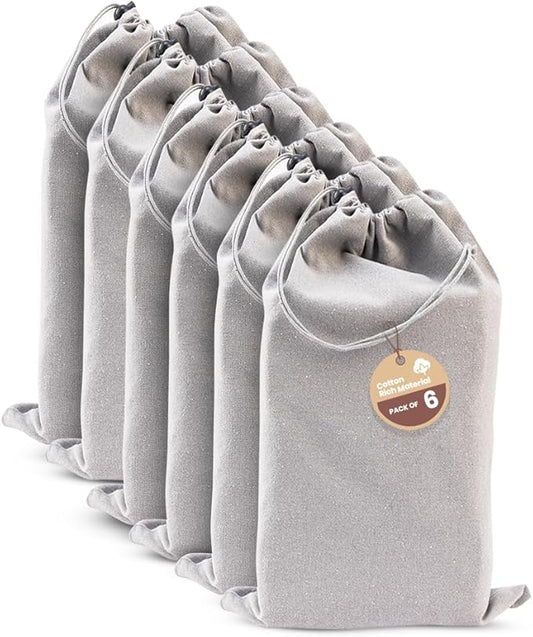 LFH Cotton Rich Shoe Storage Bags with Drawstring, Dustproof Breathable Reusable Organizer, Perfect For Travel, Dorm, Hotel, College, Gym, Easy to Carry, Machine Washable 8"x17" (Pack of 6) - Grey
