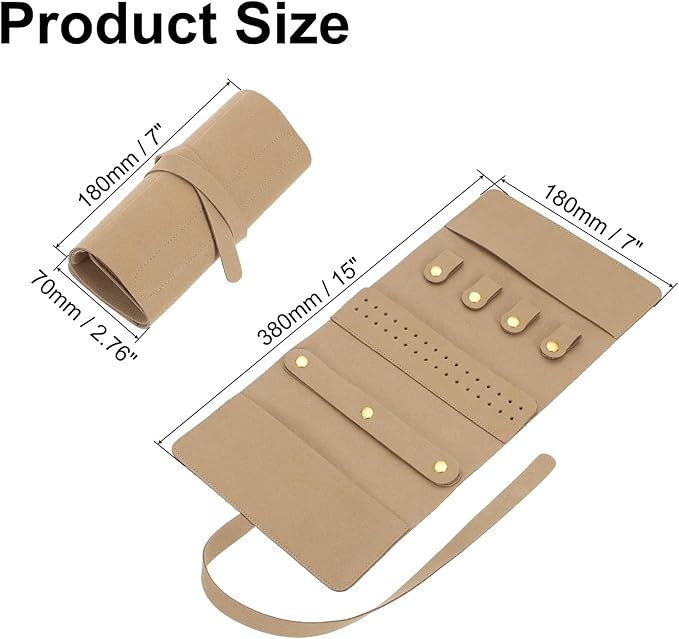 uxcell Travel Jewelry Bag Roll, Foldable Jewelry Travel Organizer with Tie Close Microfiber Jewelry Storage Roll Jewelry Case for Women Gift Necklaces Earrings Rings Bracelets, Khaki
