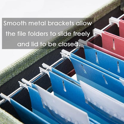 PRANDOM File Organizer Box - Set of 2 Collapsible Decorative Linen Filing Storage Hanging File Folders with Lids Office Cabinet Letter/Legal Size Green 17x14x11.2 inch