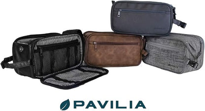 PAVILIA Toiletry Bag for Men, Travel Essentials Shaving Dopp Kit, Mens Travel Bag Toiletries Organizer Case for Grooming, PU Leather Water Resistant Cosmetic Bag Pouch (Dark Brown)