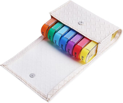Pill Organizer,LIZIMANDU Weekly Travel Pill Case Box Medication Reminder Daily AM PM, Day Night 7 Compartments,for 4 Times A Day, 7 Days a Week-Includes Leather PU Carrying Case(1-Weave White)