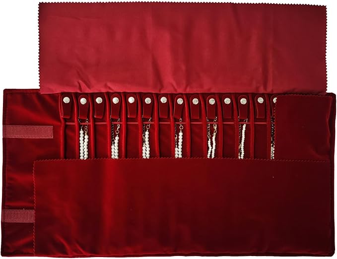 Portable Jewelry Roll Untangled Secure Necklace Travel Storage Bag Displays Holder 16 Chain (Burgundy)