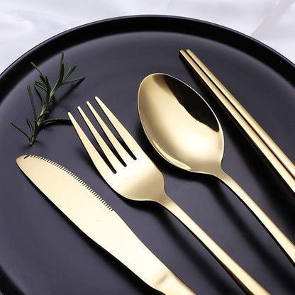Portable Stainless Steel Flatware Set, Travel Camping Cutlery Set, Portable Utensil Travel Silverware Dinnerware Set with a Waterproof Case (Gold)