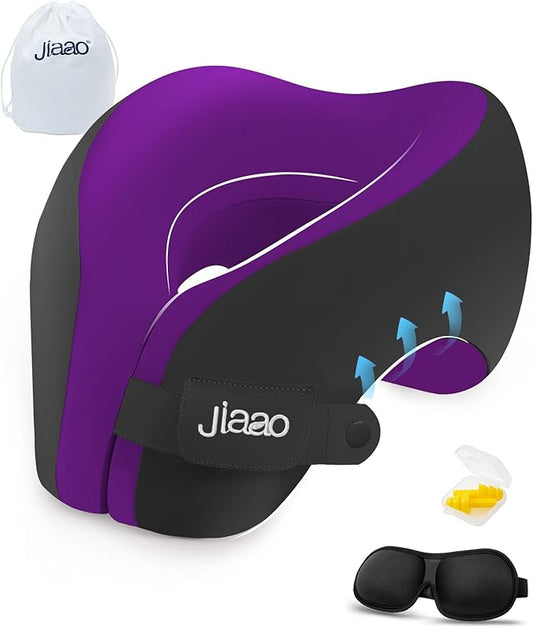jiaao Neck Pillow Airplane, Memory Foam Travel Neck Pillows for Long Flight, 3D Eye Masks, Ear Plugs and Portable Drawstring Bag, Napping Pillow for Home, Road Trips, Sleep Rest and Travel Use