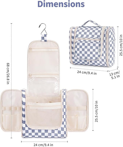 Narwey Checked Hanging Travel Toiletry Bag for Women, Travel Bag for Toiletries, Makeup Bag Organizer Cosmetic Bags Make Up Bags for Women (Grayish Blue Checkerboard)