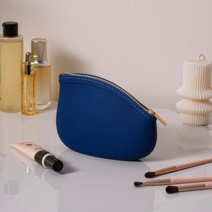 Small Silicone Makeup Bag Premium Purse Bag Multifunctional Essential Bag Zipper Pouch Water and Heat Resistant (Blue)