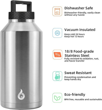 BJPKPK Half Gallon Water Bottle Insulated, Dishwasher Safe 64 oz Water Bottle with Handle, Leakproof BPA Free Thermal Flasks, Large Metal Jug for Sports, Stainless Steel Primary Color