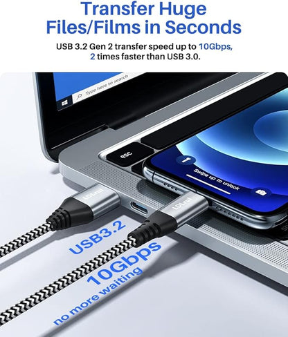 Long USB to USB-C Data Cable [10FT, 2Pack], USB 3.2 Gen 2 to Type C Cord 10Gbps Hi-Speed Sync 3.1A Fast Charge for iPhone 16/15 Pro Max, Samsung Galaxy S23/S22, Car Charger, Dash Cam, PS5 Controller