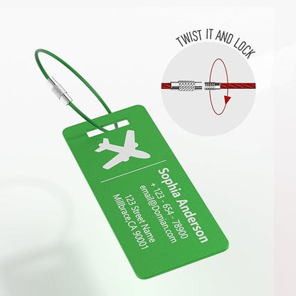 4 Personalized Metal Luggage Tags, Laser Engrave Name and Logo, Custom Aluminum Suitcase Tags with Steel Ring, for Travel, Backpack, Baggage (Green)