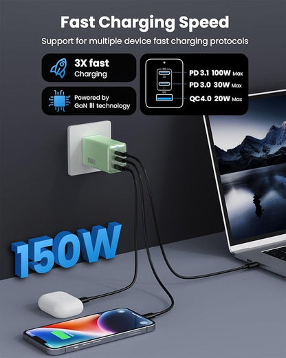 150W USB C Charger Block,GaN III Compact Foldable Wall Charger 3 Port Fast Charging Station,PD QC PPS Portable USB C Hub 100W Laptop Adapter for MacBook Pro/Air,iPad,iPhone 17/Pro,Galaxy S24,Dell etc